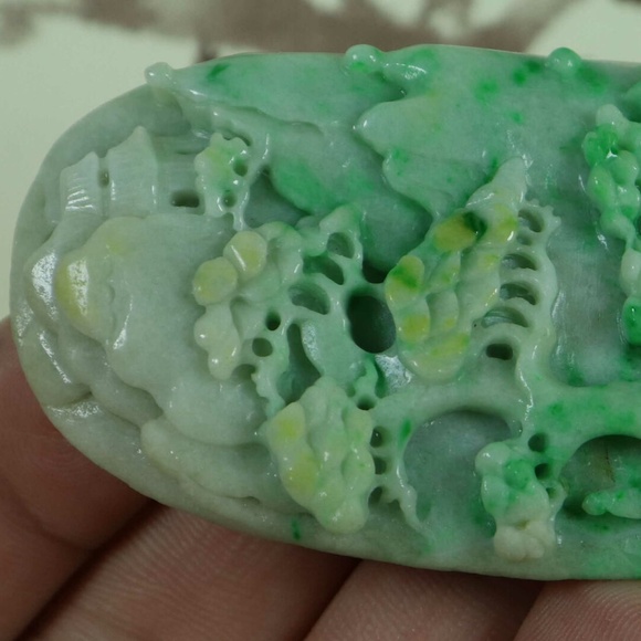 Cert'd Green 100% Natural A Jade jadeite Pendant Carved landscape - Picture 7 of 11
